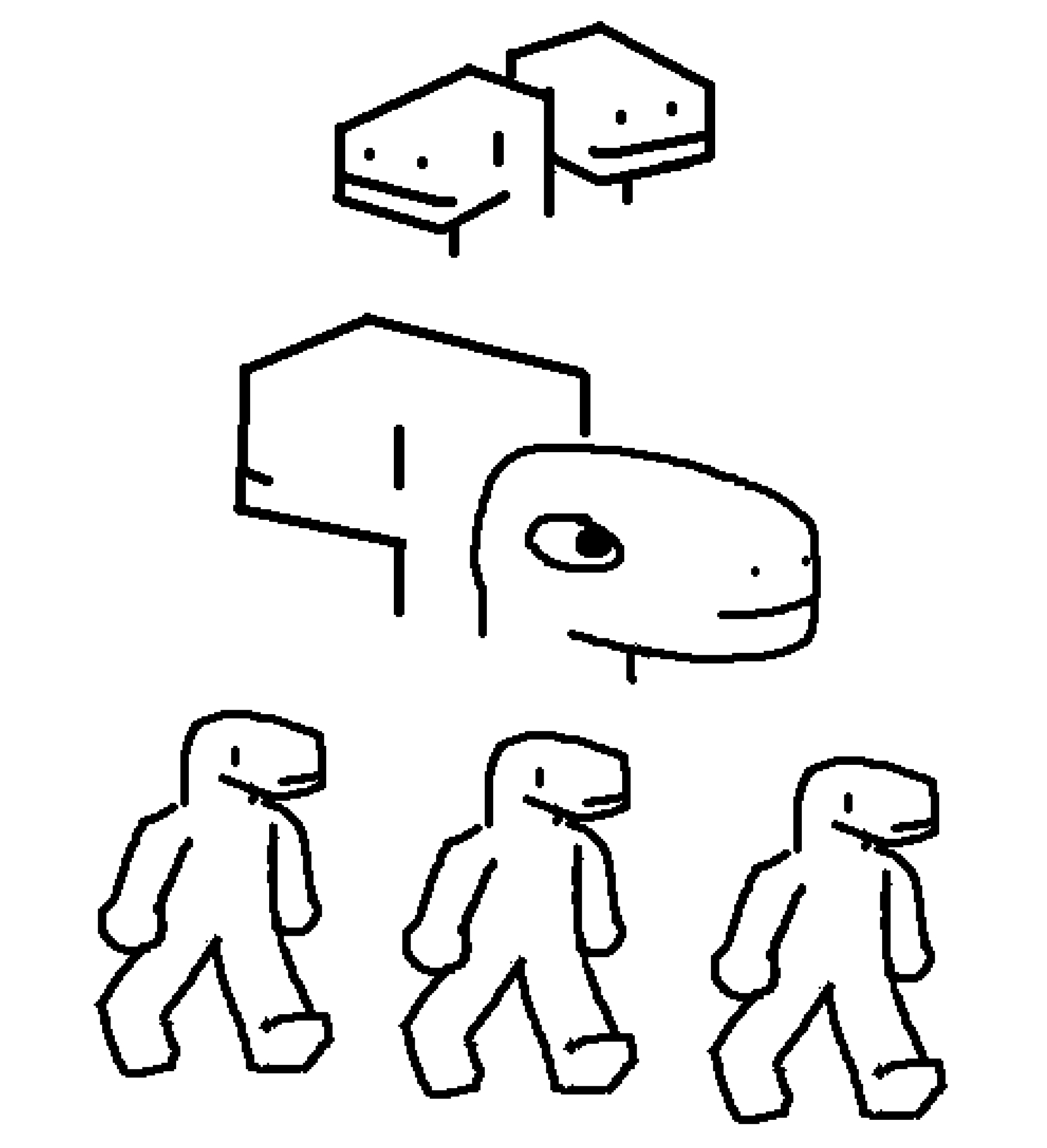 some drawings in mspaint. from top to bottom:



two simplistic dino heads perpendicular to each other. they're both looking forwards.



another set of two dino heads, standing back-to-back. the back one is simplistic and square like the above two heads, and the front one is more realistic being rounded off and having a more detailed eye.



three simple anthro dino guys walking forwards. they have a blank expression. their bodies don't resemble a dino in any way. just the head.
