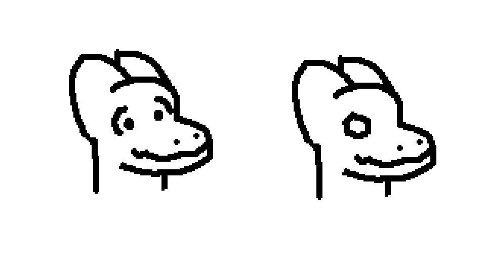 simple black on white mspaint dawing. it's two headshots of a kobold head. one with eyes like in Peanuts, and another with just a hollow circle for an eye.