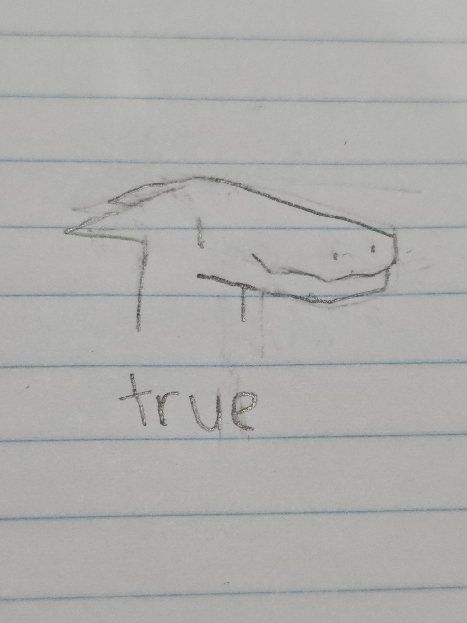 art. simple pencil on paper drawing. it's a bust of a lizard guy with horns smiling. underneath is the text "true"