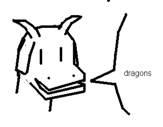 simple black-on-white mspaint drawing. it's a bust of a anthro goat saying "dragons"