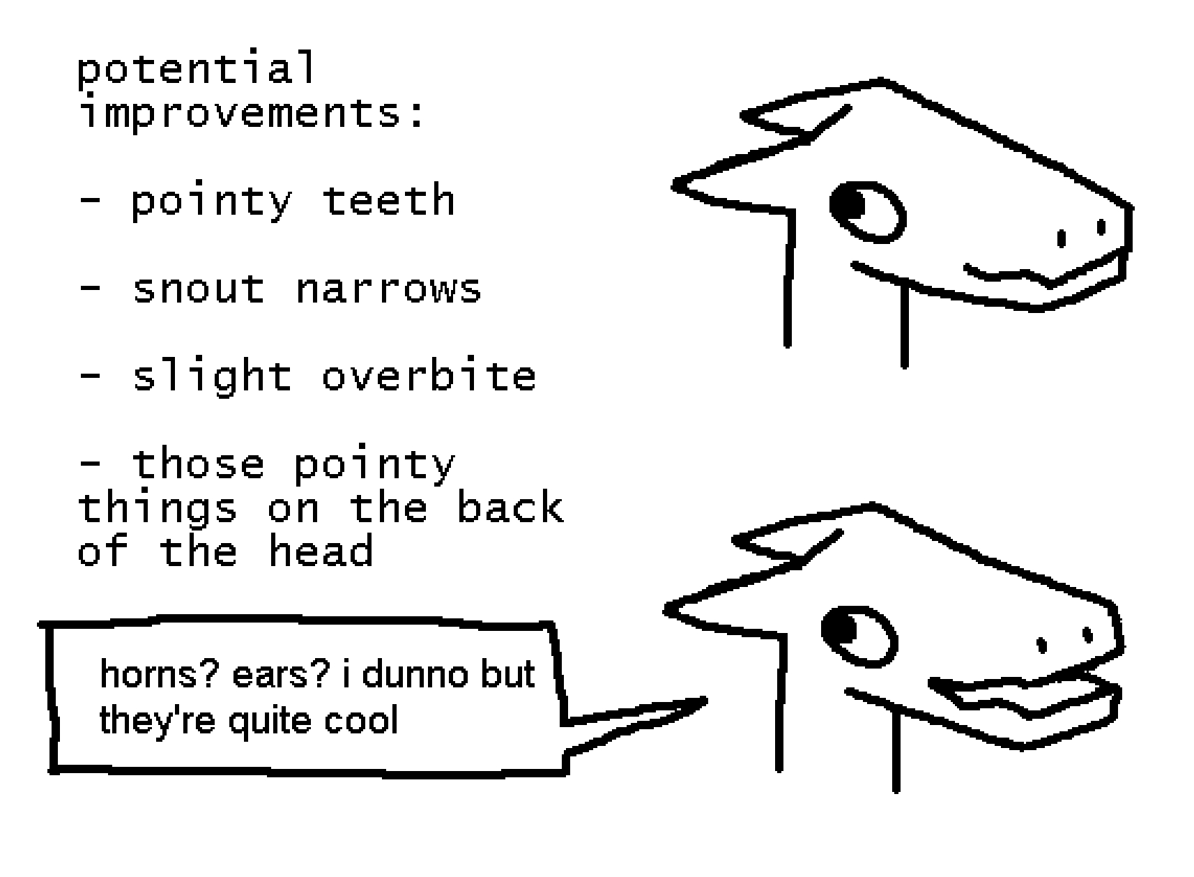 black on white drawing in ms-paint.



text on the left:
"potential improvements:



- pointy teeth


- snout narrows



- slight overbite



- those pointy things on the back of the head"



on the right are two drawings. it's some lizard/dino guy, with those said potential improvements. they have a slight overbite, the snout is more narrow, and they have two horn-like things angled downwards on the back of their head. they're looking backwards, supposedly at their horns



on the bottom they're saying, "horns? ears? i dunno but they're quite cool"