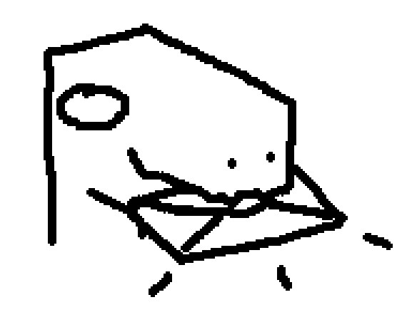 black-on-white drawing in mspaint. it's a portrait of some lizard-dino guy with a letter in their mouth.