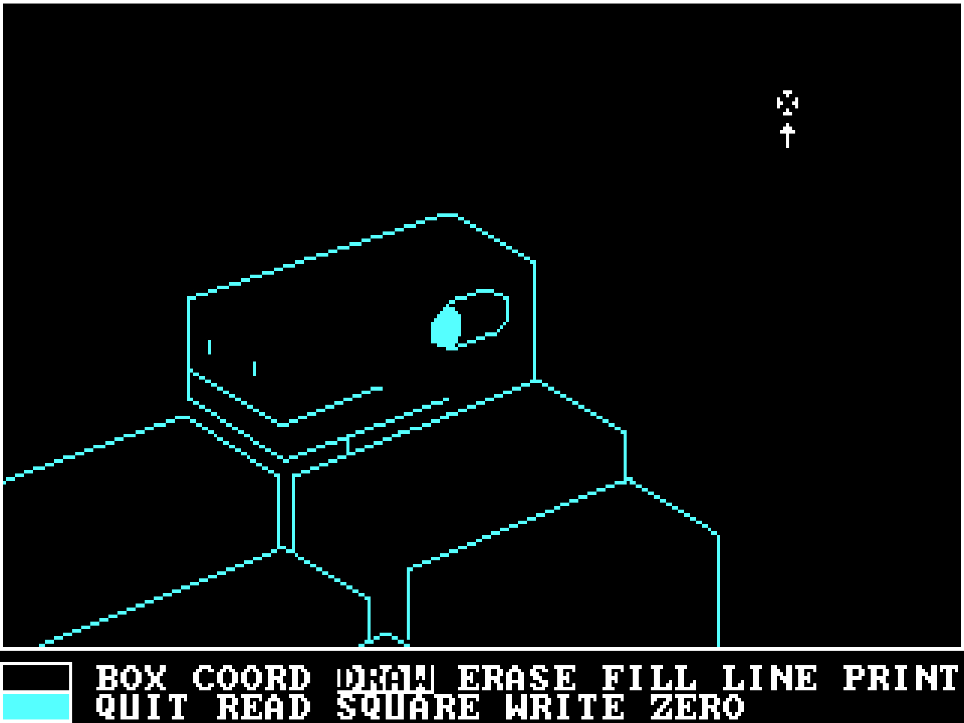 screenshot of the "doodle" program included with the microsoft mouse. it's a pretty plain looking--just some crude text buttons on the bottom, a color selector on the left, and a canvas above. the background is black, the text is white, and the drawing is in aqua.
there's a drawing on the canvas. there's some rectangular pillars, and some dino guy with the same shape of the pillars, raised higher than the rest. they're just looking forwards and smiling.