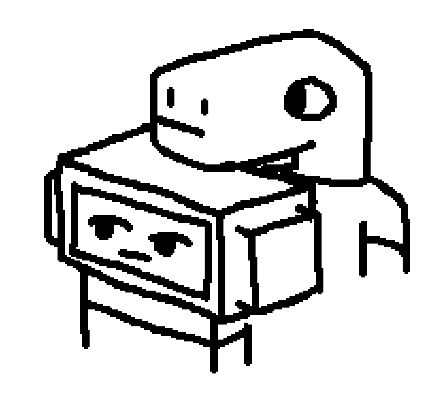 black-on-white mspaint drawing. it's a dino guy behind some tv-head robot (formally multibot). they both have slightly unamused expressions.
the dino guy is taller than the robot, and their head is slightly hovering over the robot's head.