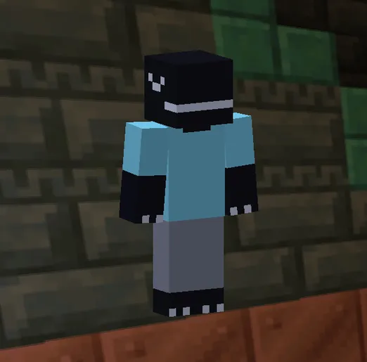 minecraft skin. black lizard with claws and a sleepy expression, wearing a cyan shirt and gray pants. no shading and has a pastel-ish color scheme