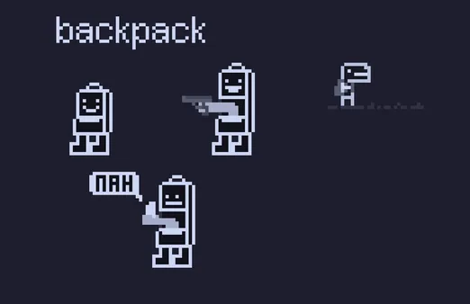 grayscale pixel art. inktober theme: backpack.



a backpack with legs and a smiley face. in one frame, the backpack opens from the center (not like a regular backpack), and an arm comes out with a pistol! in another frame, they got out their phone reading a text saying "nah"


on the side is a lil dino fella with a backpack walking on a trail