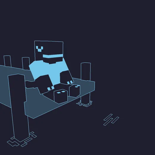 a raptor/dino guy sitting on a dock. modeled similarly to minecraft. it's all monotone and has some vector-ish outline shader applied over it.