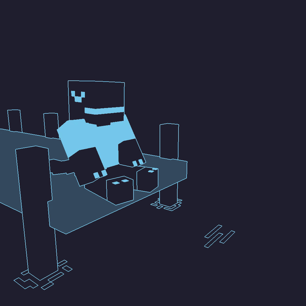 a raptor/dino guy sitting on a dock. modeled similarly to minecraft. it's all monotone and has some vector-ish outline shader applied over it.