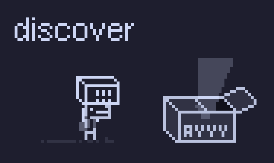 pixel art. inktober theme: discover.


same dino from before. still wearing a backpack, but now holding a box with "!!!" on it above his head.



on the side is a larger box saying "AYYY" with one flap open. light is coming out of it