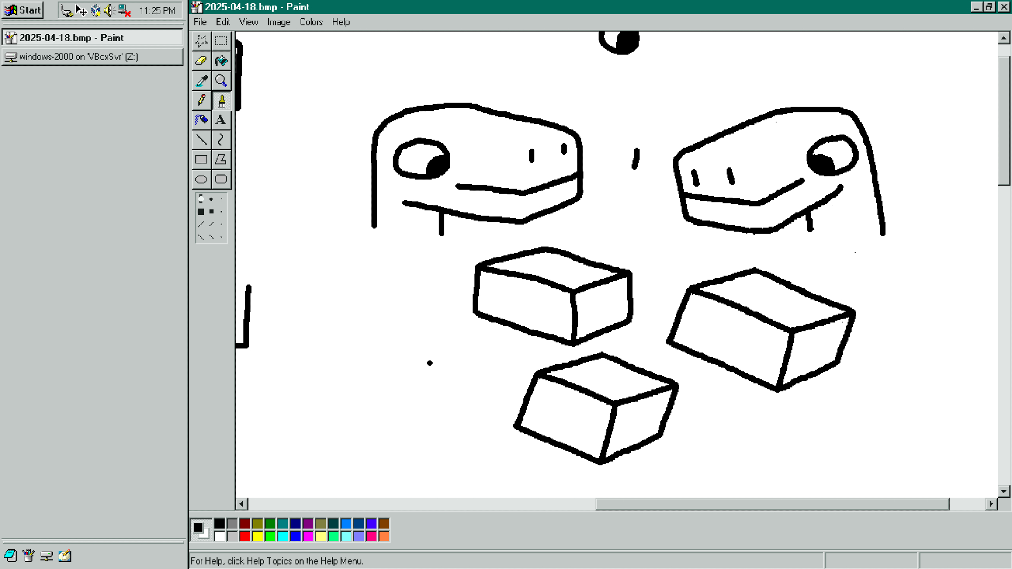 windows 2000 with a wide taskbar on the left. it sorta looks like a browser with vertical tabs enabled.


paint is open at "2025-04-18.bmp" with some doodles in frame. two lizard/dino heads, smiling, looking down. the left one has their head straight, while the right one has their head pointed slightly down. below are three 3d cubes, with varying length and tilt.