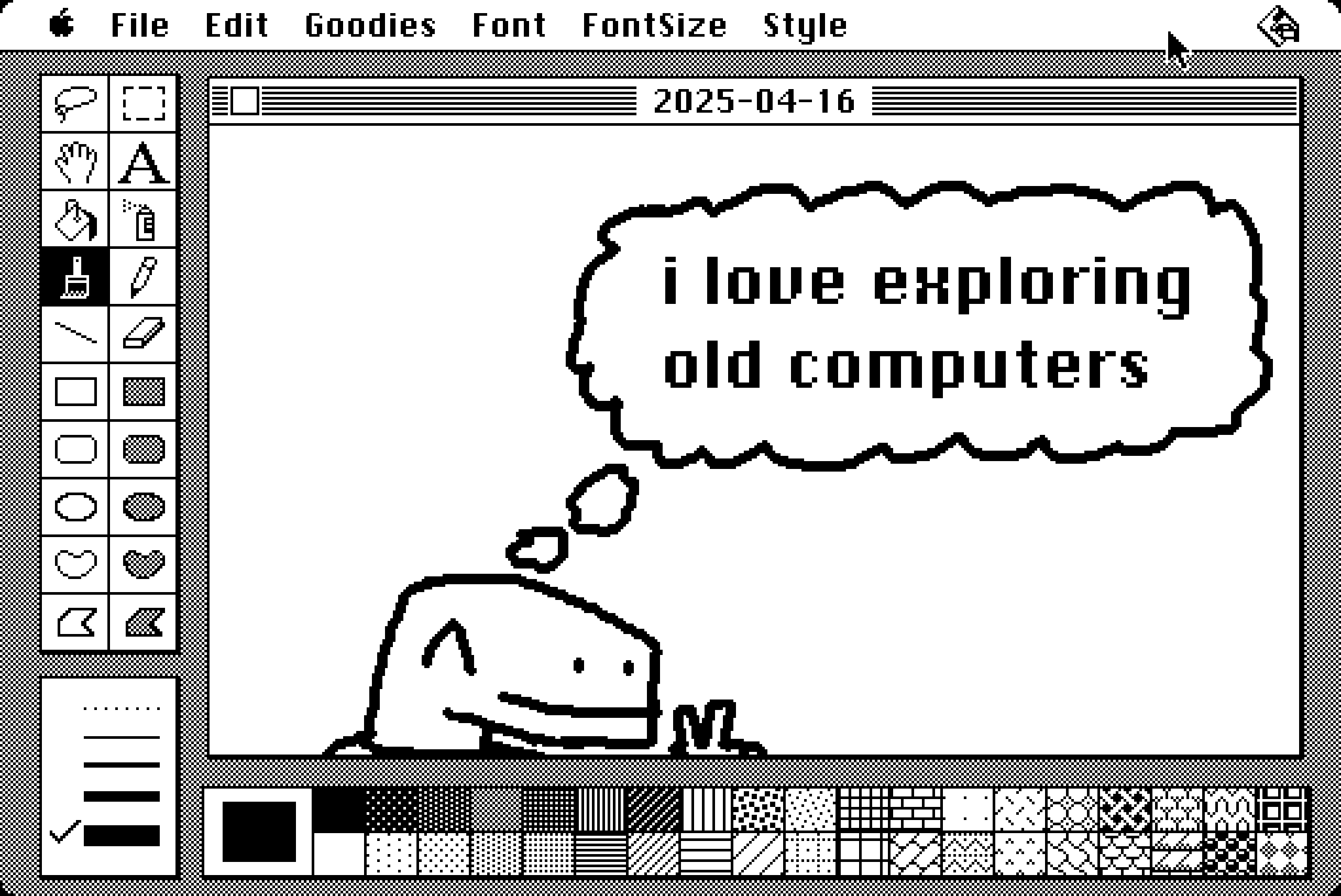 screenshot of an old version of macpaint running in classic macos.


there's a simple drawing. at the bottom is some lizard/dino guy, happy, showing a peace sign. there's a thought bubble: they're thinking "i love exploring old computers"