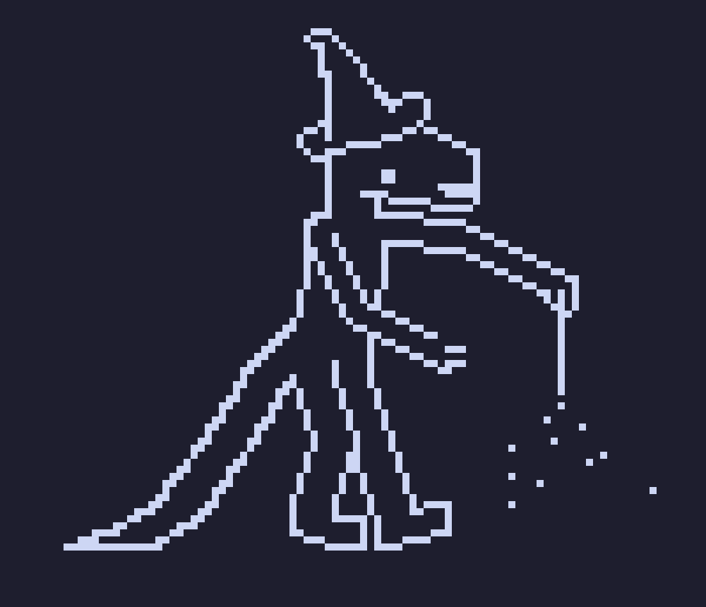 simple outlined monotone pixel drawing of an anthro lizard wearing a wizard hat with with a w and pointing downwards. they're smiling