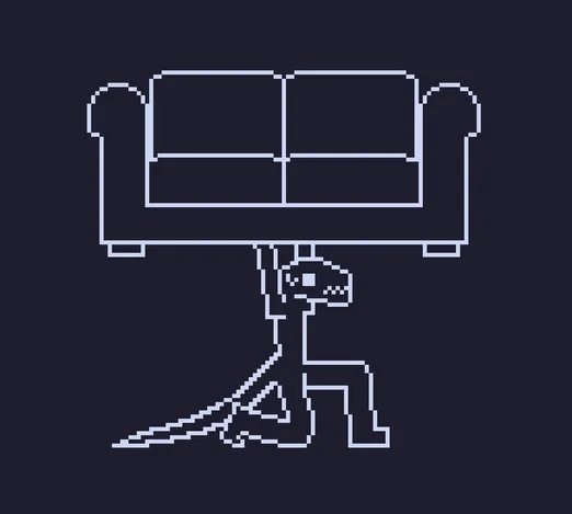 simple outlined monotone pixel drawing of an anthro sorta-lizard trying to hold up a couch above their head with two arms. while successful, they're visibly strained