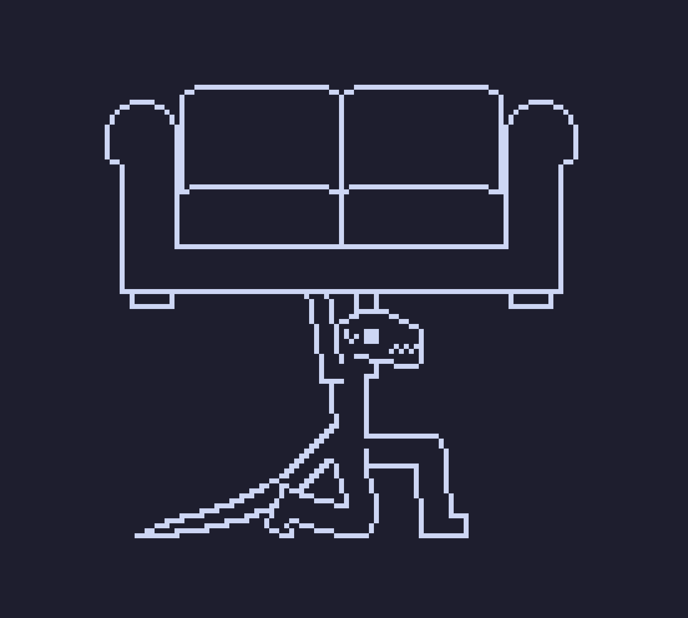 simple outlined monotone pixel drawing of an anthro sorta-lizard trying to hold up a couch above their head with two arms. while successful, they're visibly strained