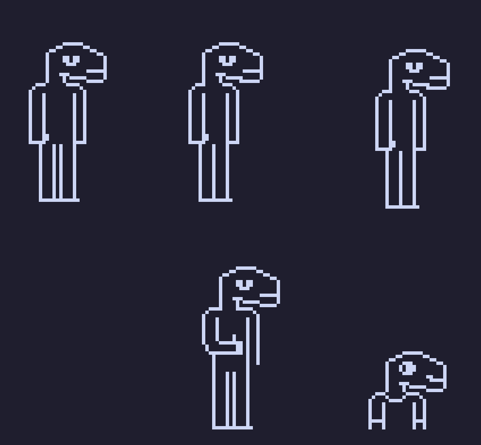 simple outlined monotone pixel drawings of a lizard-dino-like guy.


at the top are three of them with tweaked bodies. like some are slighty wider or slighty thinner. his face expression is blank and slightly aggregated looking.



on the bottom is one where he's giving the thumbs up with the same face expression.



at the bottom right is another one, but just from the chest up. he's smiling and wearing a shirt