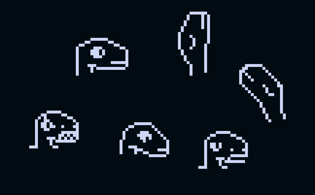 simple outlined monotone pixel drawings of various lizard-dino-like guy heads.


one just has a generic face. notably the chin is now flat.


there's another one of their head pointing up at 90 degrees with their eyes closed.



and another one, but only around 45 degrees up with their eyes closed.



and another, but looking down with their head slightly tilted.


there are two more portraits, both slightly angled instead of the usual side view. one they're angry showing some teeth, and another with an annoyed expression with their mouth open.