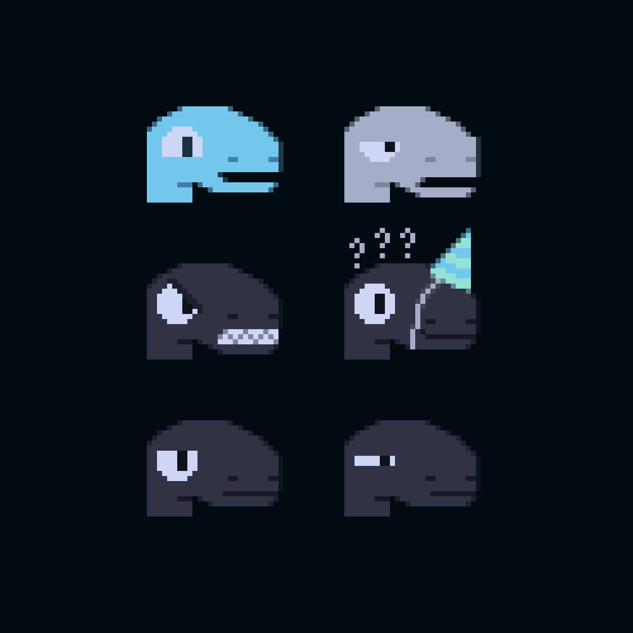 some pixel art of a grid of 6 lizard-dino-type thing portraits.


1. they're green and smiling.
2. they're white-gray and exasperated.

3. they're angry and showing teeth.

4. they have a party hat on wrong with some question marks.

5. they have a blank face with their eyelids slightly down.
6. they're squinting.