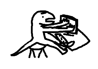 simple black on white drawing, done in something like paint, implied to be drawn on a website, on april 1st.
it's some lizard guy at a computer desk, covering the monitor with their hands. they're looking at you surprised.
