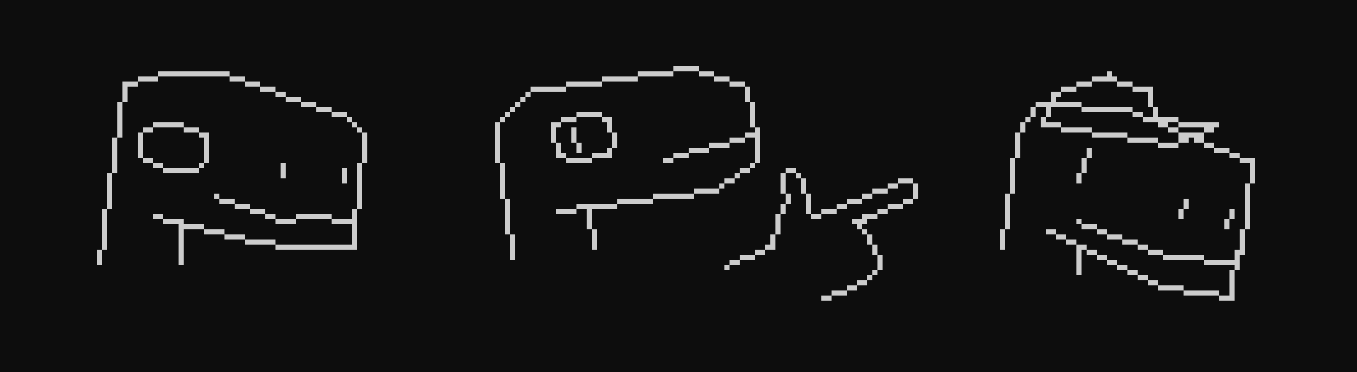 some simple 1-bit pixel line art. it's mostly all done with the line tool.


there's three portraits of some dino/lizard guys. left to right:

a 3d looking one. the snout is more narrowish and refined. they have a simple hollow circle as an eye, some nostrils, and a more w-shaped mouth. they're slightly grinning.



a more 2d one. the head is like a rectangle, but rounded off with diagonal lines. they have a round eye and blank expression. there's also a hand pointing right.



another 3d looking one. the head shape is a lot more boxy. they're more whimsical looking, with a single line for an eye. they also have a slightly happy expression, and they're wearing a cap hat.