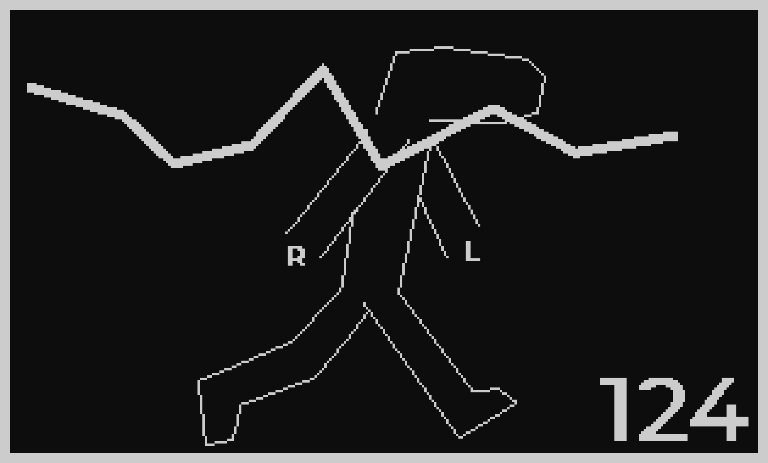some simple 1-bit low-res art.



there's a silhouette of some person walking. they have a semi-floating dino-like head. they're also lacking hands, instead being replaced with letters. left hand with "L", and the right hand with "R".



overlaid is a line graph and a white frame. the points slightly vary and are mostly high, and there's seemingly missing a point at the end. at the bottom right is the number "124".