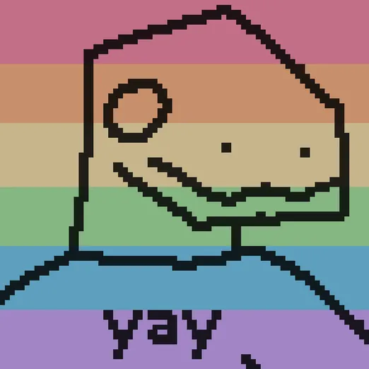 a simple low-res pixelated drawing, scaled up to look nice. it's a portrait of some anthro lizard/dino guy, wearing a sweater(?) that says "yay". pastel rainbow stripes are overlaid, like the pride flag