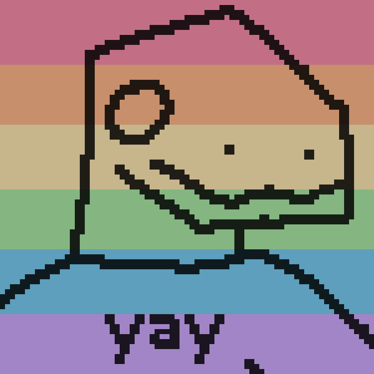 a simple low-res pixelated drawing, scaled up to look nice. it's a portrait of some anthro lizard/dino guy, wearing a sweater(?) that says "yay". pastel rainbow stripes are overlaid, like the pride flag