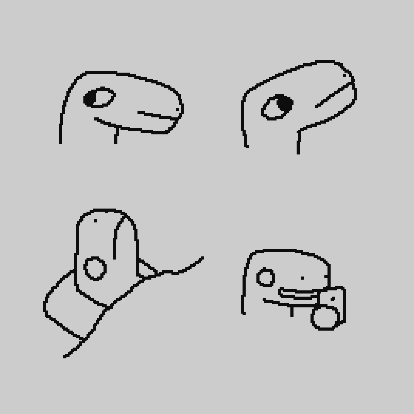 four simple black-on-white drawings done in paint.net, on a grid.


from top left to right:



head of an anthro dino guy, facing right and tilted a bit downwards. they're looking behind. they have a very slightly tired expression.



head of an anthro dino guy, pointing a bit upwards. they're looking up with a blank face.



head of an anthro dino guy, laying in bed with a blank expression. notably their eyes are drawn a lot simpler, just being a simple hollow circle.



head of an anthro dino guy. they're holding up a phone, smiling into it. their eyes are also drawn simpler.