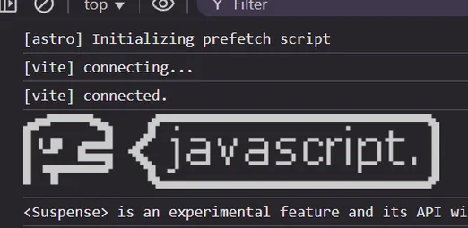 screenshot of chrome's javascript console.


between the logs from various tooling (astro, vite, vue), there's an image logged. it's pixel art of a portrait of some dino guy, looking apathetic. they're saying "javascript."
