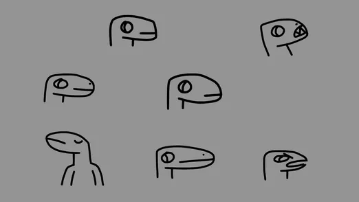 some doodles of some lizard/dino guy. a few basic heads, one showing teeth, one angry, one with a long nose, and one looking away