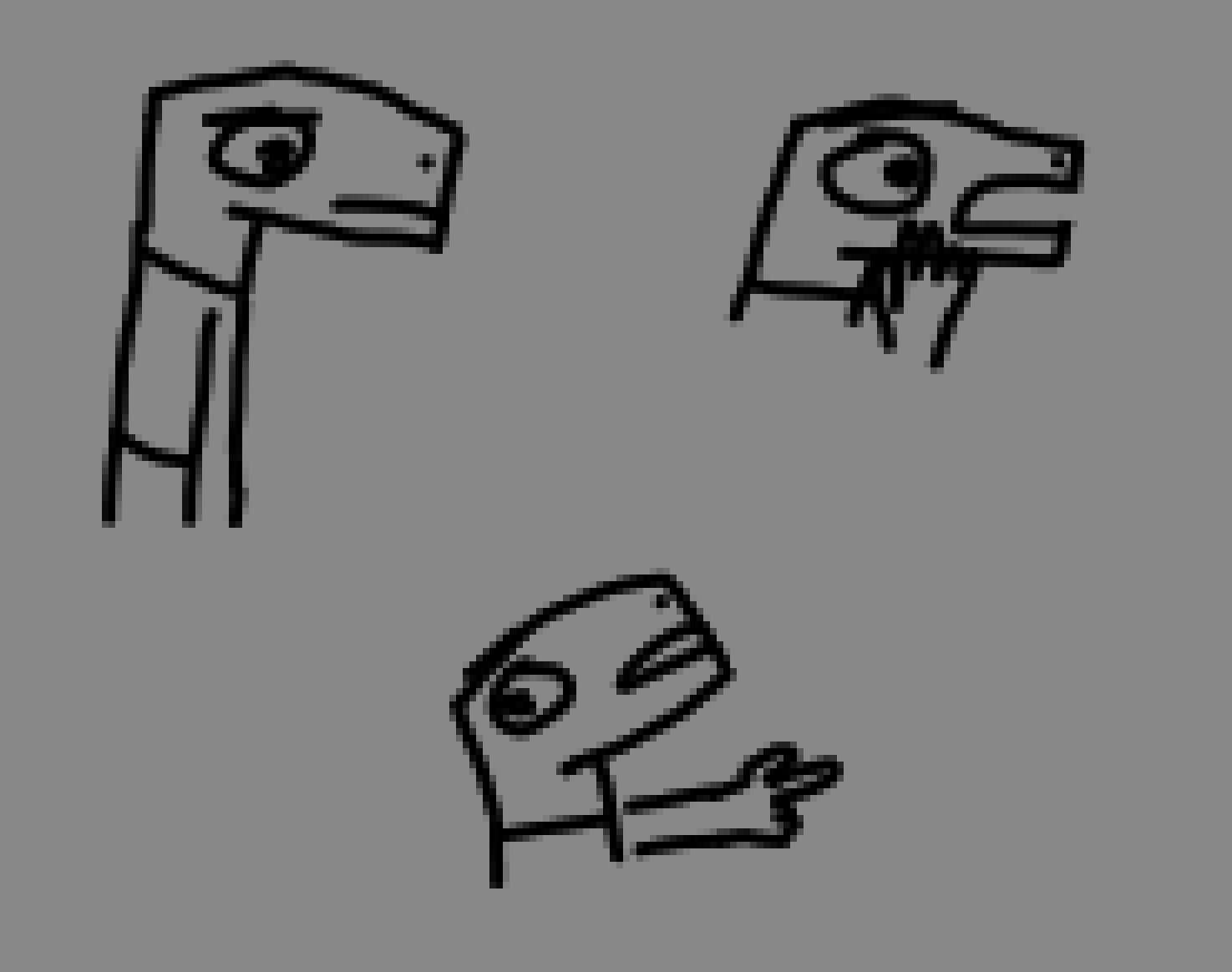 line art of some dino/lizard guys.



first one is a bust of just them looking meh.



second one of a portrait of them being surprised


third one of them with their head raised and them pointing forward