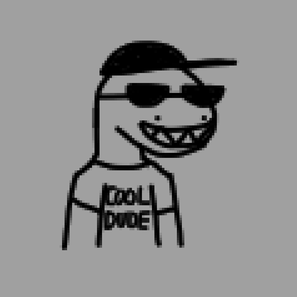 simple line art of a dino/lizard guy. they have a cap on, sunglasses, and a shirt that says "Cool Dude". they're facing forward and smiling, showing their sharp teeth.