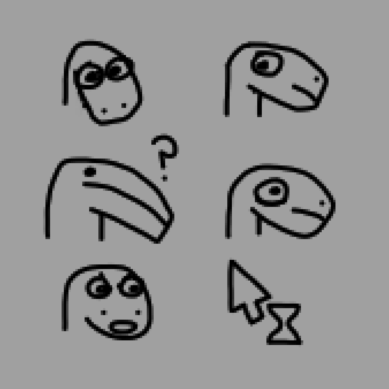 a grid of doodles.



first one is a dino guy looking forward with big ol' eyes.



second one is them looking slightly right and looking down with a bit of a frown.



third one they're more rectangular, just have a dot for an eye, and an oddly long snout and mouth. there's a question mark above them.



fourth one, they're looking forward and are a bit tired.



fifth one, they're looking more forward with an angry expression. the style is a bit weird and oddly smooth and symmetrical.



sixth one isn't a dino at all. it's a mouse cursor with an hourglass