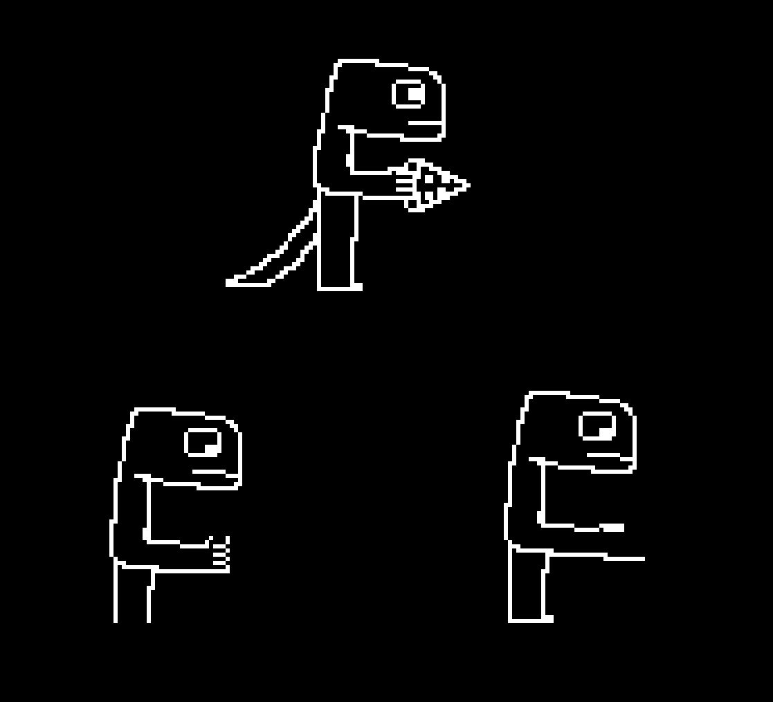 three white on black drawings of a very scrappy dino anthro guy. one holding a pizza, another looking down sad, and another just lacking a hand.