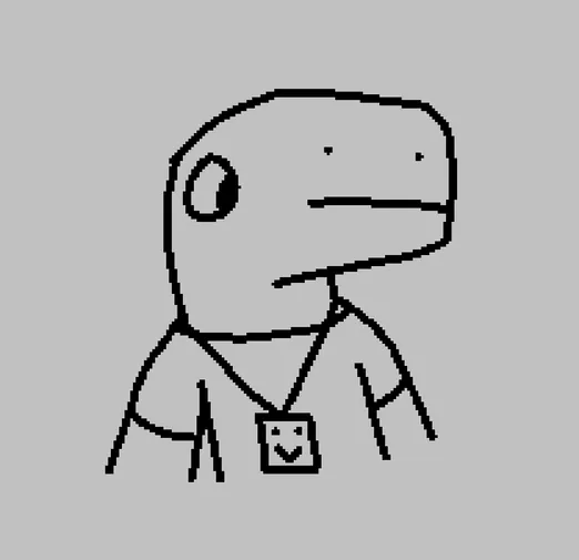 black on white drawing of an anthro dino guy. just the upper body. they're a little to the right, which kinda emphasizes their kinda large snout. they're wearing a plain shirt and a lanyard with a smiley face on it.