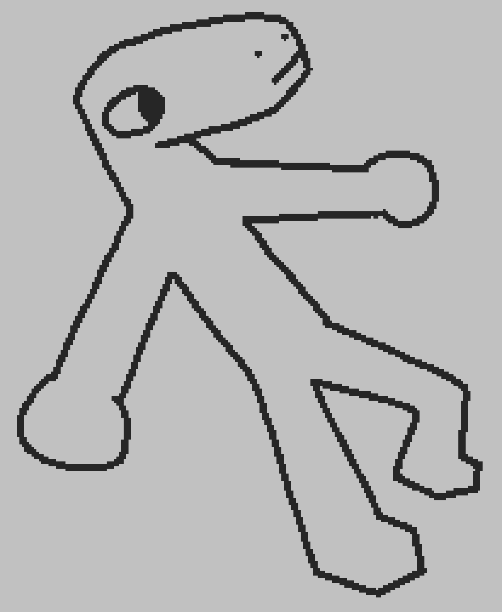 black on white doodle. it's some anthro dino guy, standing with a dynamic pose. has a bit of depth in it