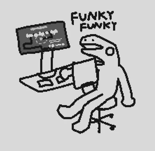black on white doodle. there's an anthro dino guy sitting at a computer desk. they have the chair rotated facing away, and they're sitting parallel to the desk. they're leaning on the desk, saying "FUNKY FUNKY." the computer is open to the level in a dance of fire and ice.