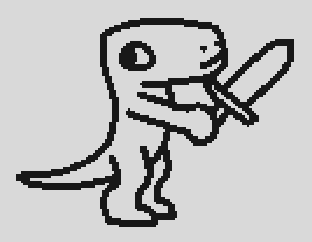 black on white doodle. there's an anthro-ish raptor dino guy holding a sword. they're small and cutesy.