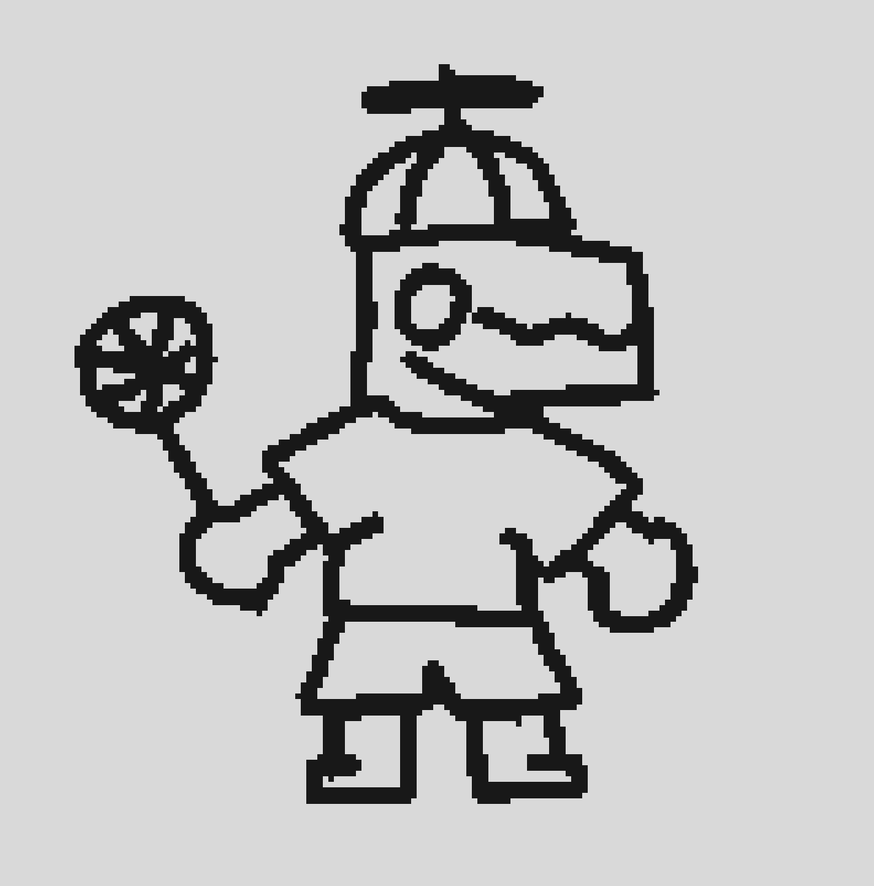 black on white doodle. there's an anthro dino guy wearing a shirt, shorts, and propellor cap. they're also holding a lolipop.
