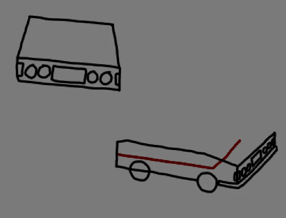 two simple incomplete drawings of a car. the first is head-on, with just the front headlight and general shape. the second one is at angle, notable at an angle that requires some 3d depth, with just the bottom part of the car.