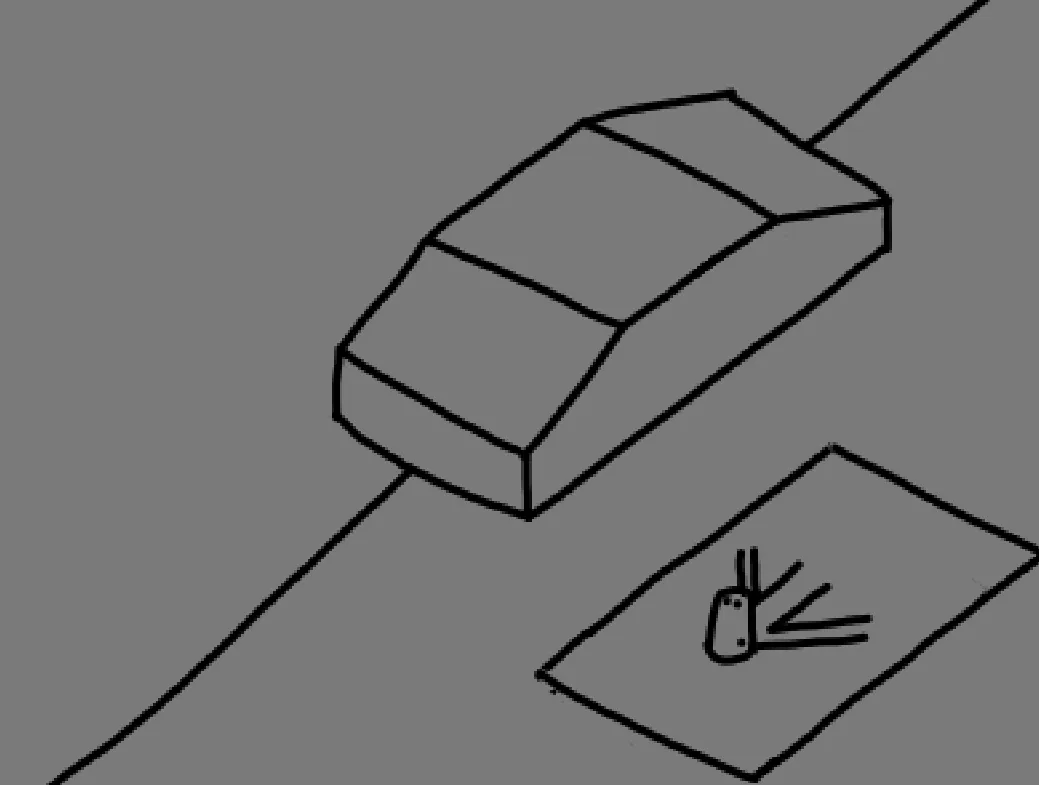 another simple drawing. it's a weird low-poly car shaped thing, just the body of it. no wheels, windows, etc. it's on a line, sorta like a monorail. to the right of the car is a mat, and an incomplete body of some lizard guy.