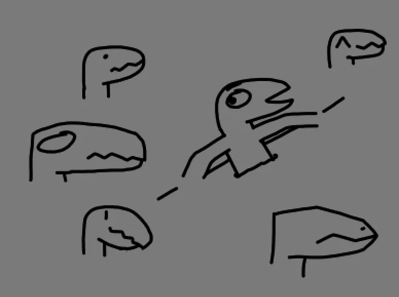 drawing with various head shapes for some dino-lizard guy. some common characteristics are some zig-zag mouths and a slight overbite. one outlier is a more rounded head with a body. they're supposed to be in a spa, but besides the head, it's rather incomplete.