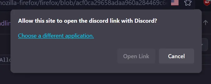 Screenshot of Firefox. "Allow this site to open the discord link with Discord?" There is no always allow checkbox.