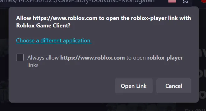 Screenshot of Firefox. "Allow https://www.roblox.com open the roblox-player link with Roblox Game Client?" The always allow checkbox is present.