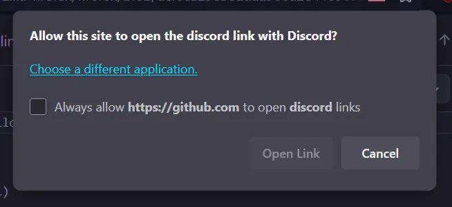 Screenshot of Firefox. "Allow this site to open the discord link with Discord?" The always allow checkbox is now present.