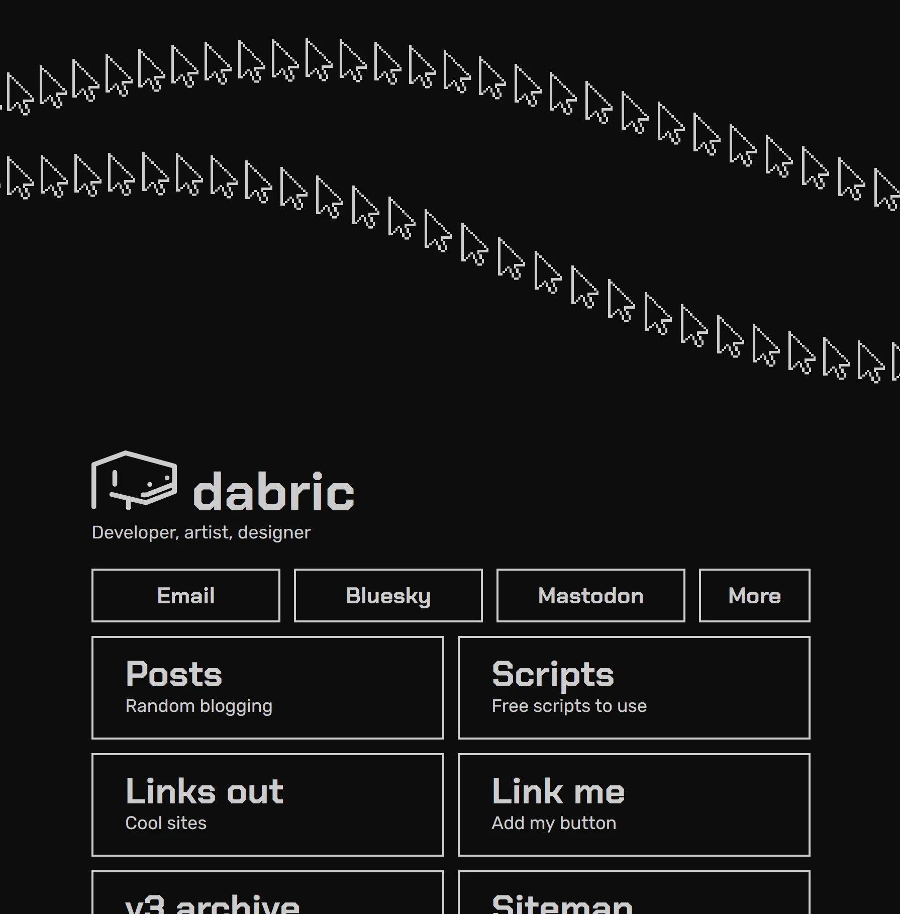 Screenshot of the website. It's in 1-bit color, and there's two wavy lines of mouse cursors.