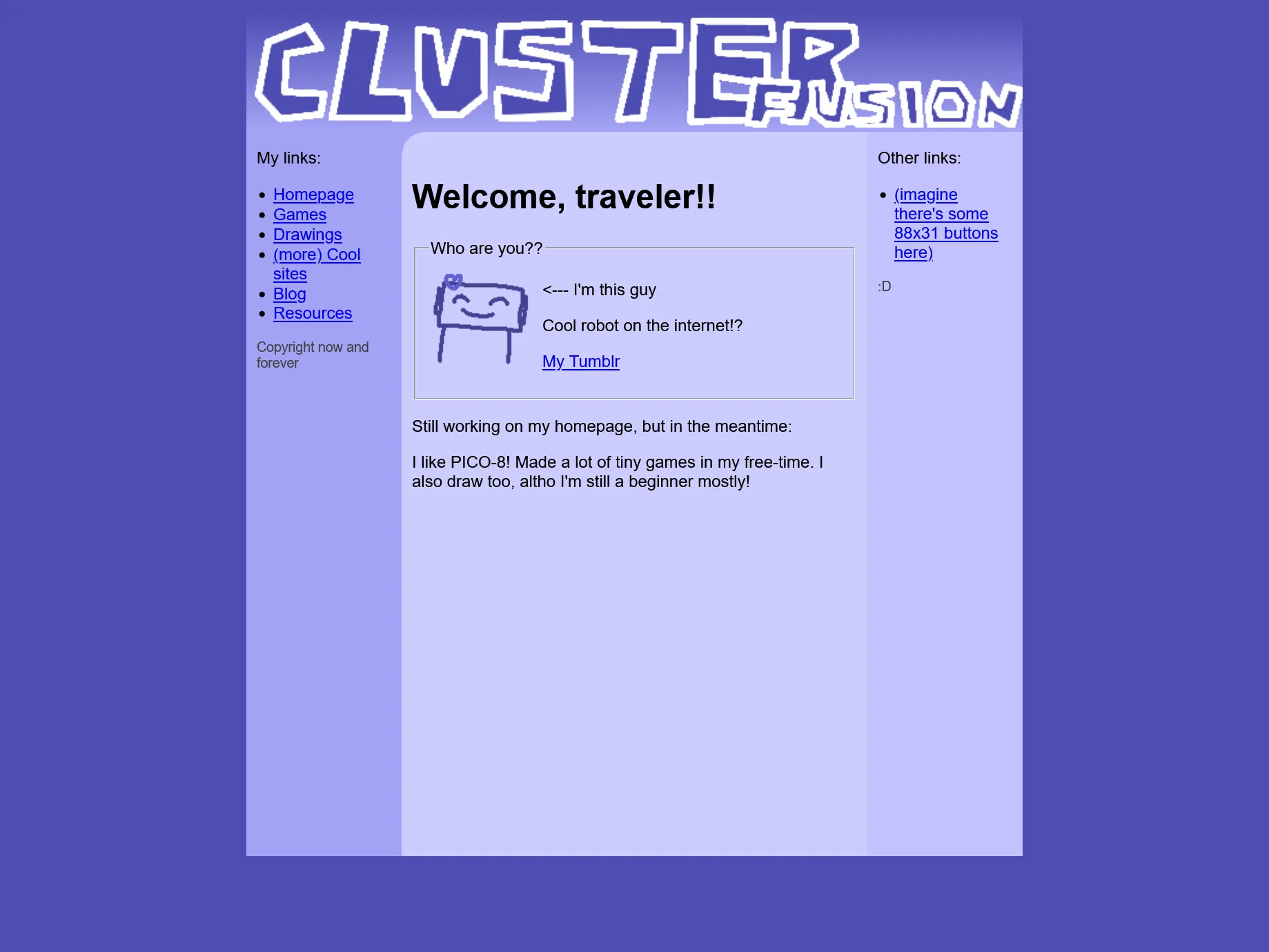 Screenshot of a quite blue website. It has a large logo banner at the top, and a three column layout below. Navigation links are on the left and right columns, and the main content is in the center column.