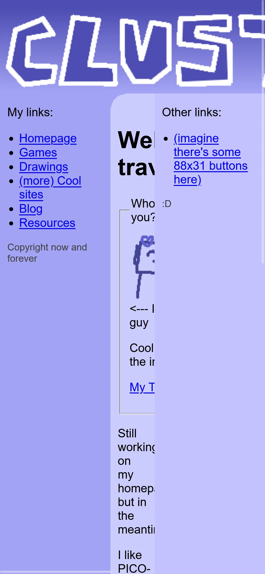 The website. now on a phone. The top banner goes off-screen, and the two sidebars overlap the main content, making it unreadable.