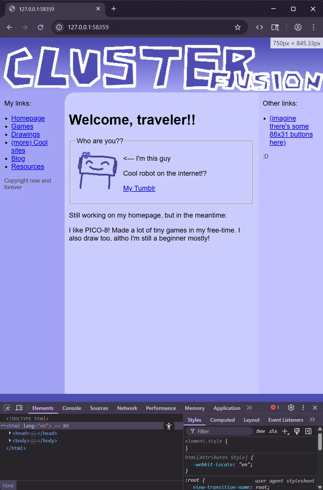 Screenshot of a browser with the website open. Inspect element is open below. At the top right of the page, it says "750px by 845.33px".
