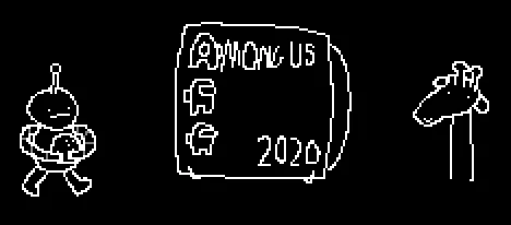 A drawing in paint. There's a robot holding a bowling ball, then an "Among Us 2020" record, and then the smiling giraffe from the button.