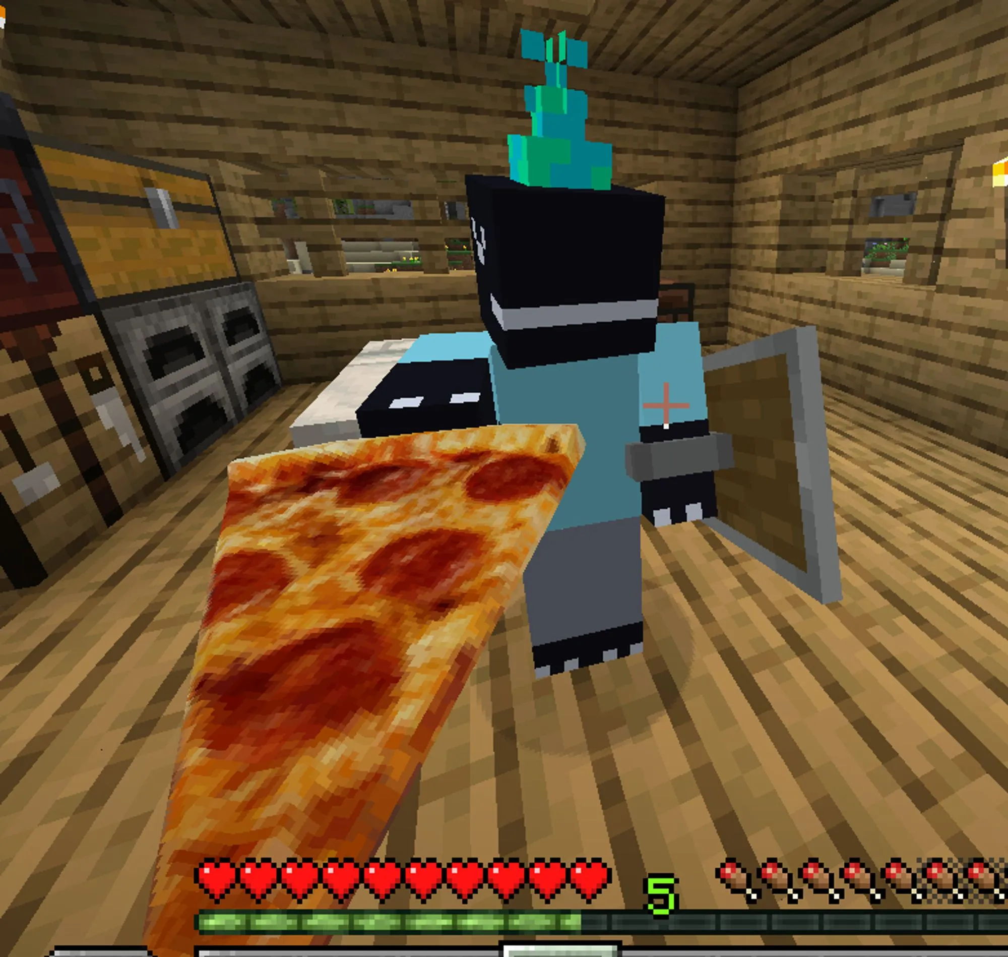 Minecraft screenshot. A lizard or raptor Minecraft player is handing you a realistic looking pizza. The skin is just solid colors, nothing elaborate. Although he's wearing a party hat via a mod.